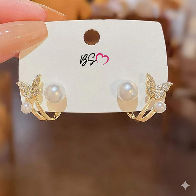 AXJ-161 Butterfly Pearl Korean Earrings- Silver