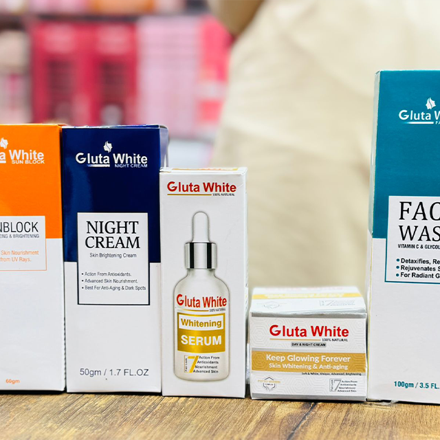 Gluta White 5 Piece Skin Care Set Brightening Face Wash Serum Night Cream Sunblock Complete Beauty Kit