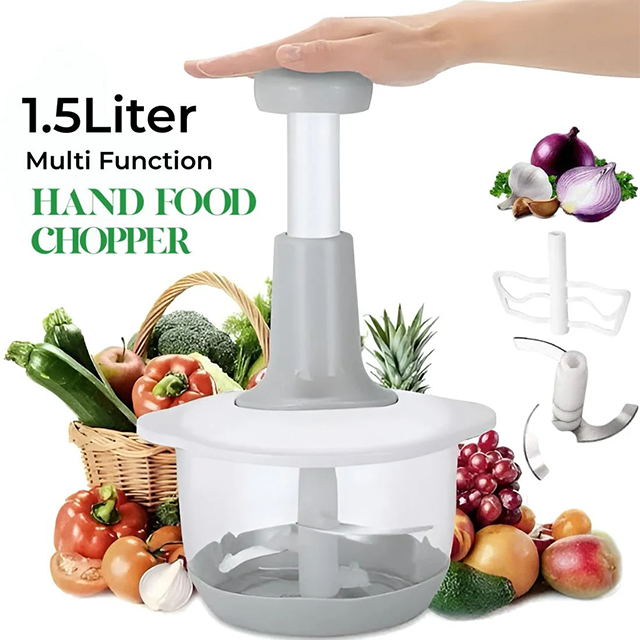 1.5L Manual Food Chopper – Speedy Hand Press Vegetable & Fruit Cutter - Plastic Body (Random Color)